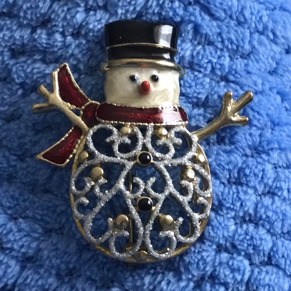 Vintage Enamel and Rhinestone Snowman Brooch - Picture 2 of 4